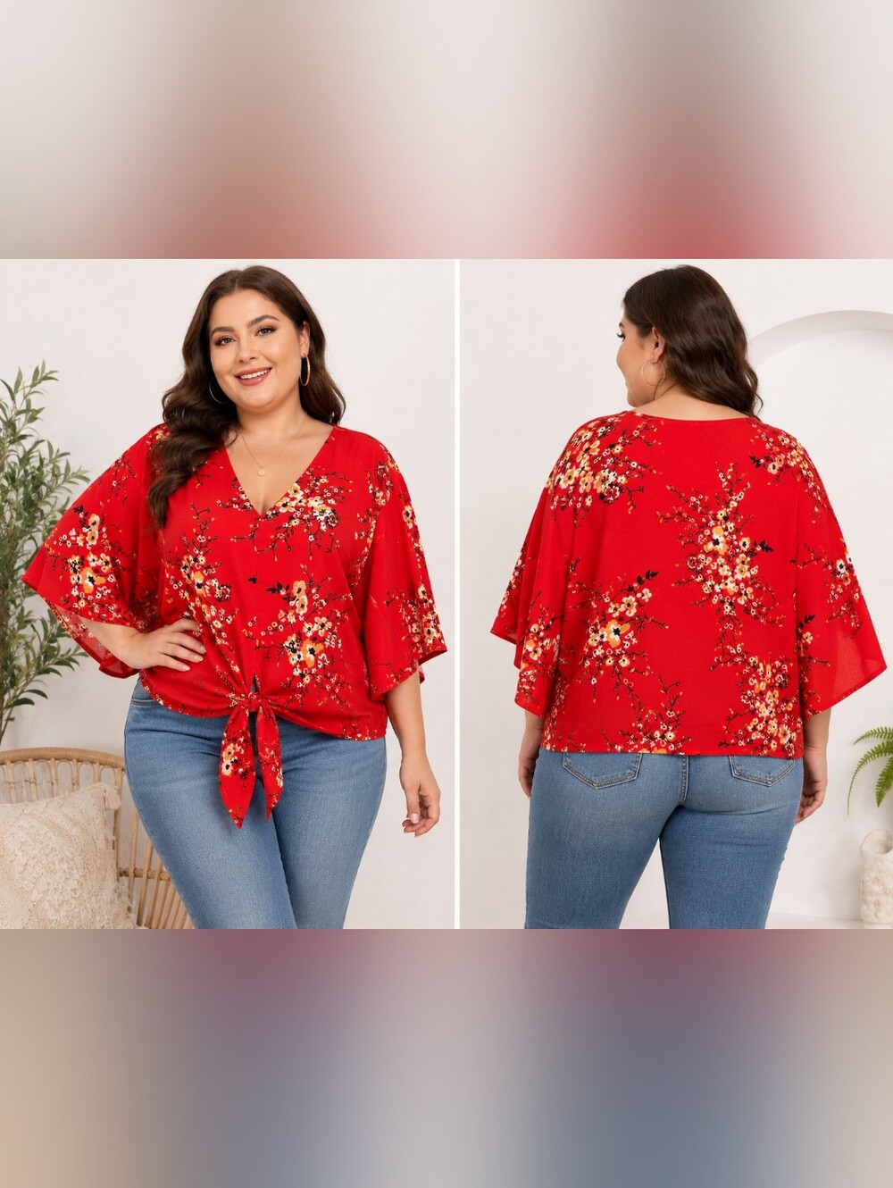 🌺 Bluetime Floral Tie Front Blouse | Women's Plus 2XL | Boho Kimono Sleeve Top